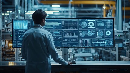 A factory manager monitoring automated production processes on a digital dashboard, with real-time data displayed, emphasizing the role of technology in optimizing efficiency and output