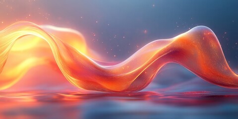 A swirling wave-like structure in soft orange and purple tones glimmers softly in a serene setting