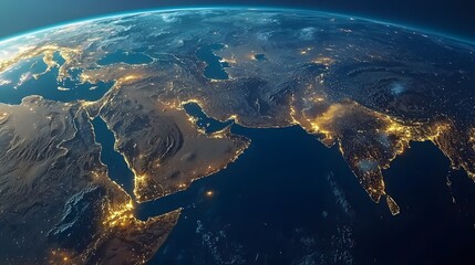 A stunning view of the Middle East and South Asia illuminated at night.