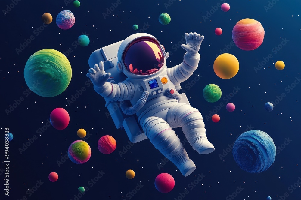 Poster an astronaut floats in space surrounded by colorful planets.