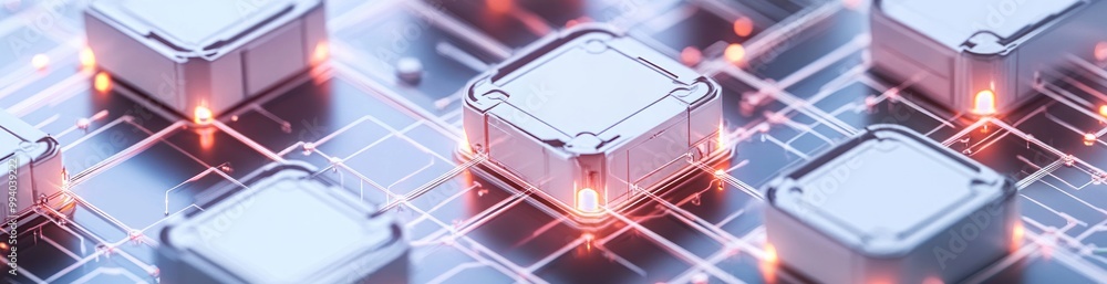 Poster a close-up of futuristic microchips with glowing elements on a circuit board.
