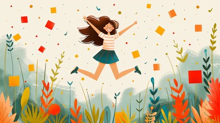 Creative geometric card. Cartoon young character. Happy girl portrait. Excited woman pose. Abstract color shapes. Memphis flat figures. Trendy joyful person dancing or jumping. Vector banner design