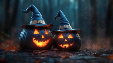 Glowing Jack-O'-Lantern Pumpkins with Witch Hats in Foggy Halloween Night
