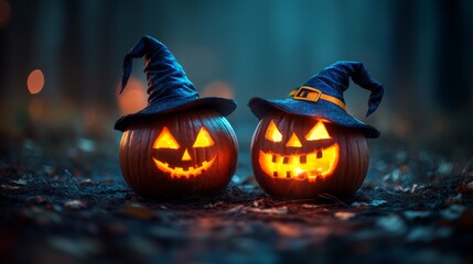 Naklejka premium Spooky Glowing Jack-O'-Lantern Pumpkins with Witch Hats in a Dark Foggy Halloween Forest