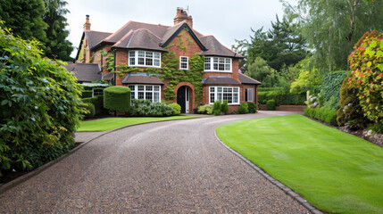 A terrace uk house on a street with a brand new resin driveway facing head on towards directly in front of the driveway.