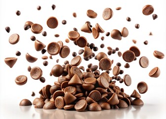 Scattered chocolate chips float suspended in mid-air against a clean white background, creating a playful and appetizing scene perfect for sweet treats and dessert themes.