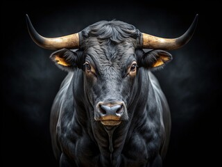 Naklejka premium A powerful bull with dark, rugged fur stands against a dramatic black backdrop, exuding intensity and mystery through its strong features and piercing gaze.