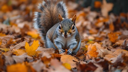 A curious squirrel foraging on the forest floor amidst a carpet of fallen leaves
