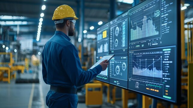 A factory manager reviewing operational excellence metrics on a digital dashboard, with charts and graphs displaying real-time data, highlighting the focus on efficiency and continuous improvement