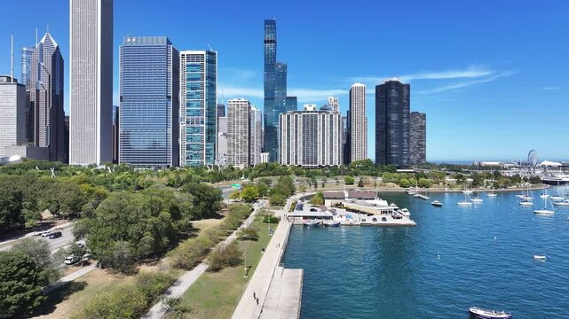 Aerial view of Downtown Chicago lakefront 