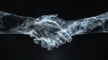 A handshake between two men is shown in an X-ray image