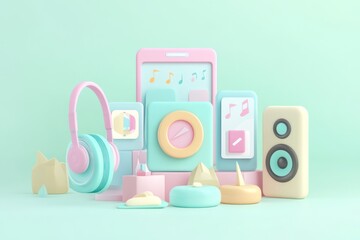 A pastel-themed digital music setup featuring headphones, speakers, and mobile devices.