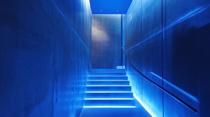 A modern blue-lit staircase leading upward, creating a futuristic and serene atmosphere for architectural inspiration.