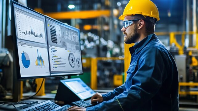 A factory manager reviewing production data on a digital dashboard, with charts and graphs showing key performance indicators, highlighting the focus on productivity and continuous improvement