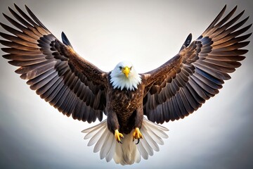 Fototapeta premium Majestic American bald eagle spreads wings wide, showcasing sharp talons and regal plumage, against a clean transparent background, symbolizing power and freedom.