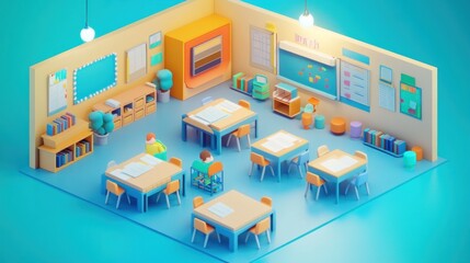 Obraz premium A colorful classroom scene with desks, students, and educational materials.