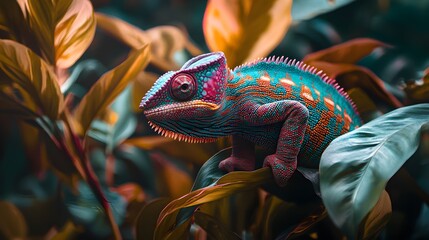 A colorful chameleon blending in with vibrant tropical foliage in a rainforest