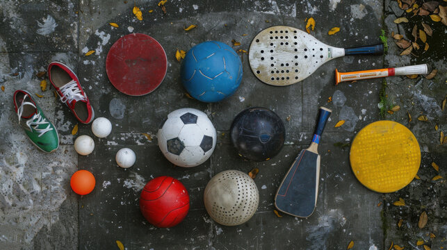 A photo of a mix of sports balls on the ground outside. Football, soccer ball, several ping pong paddles, a frisby, a set of running shoes.