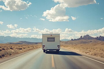White camper van is driving down a long empty highway on a sunny day with a beautiful view of mountains and desert landscape