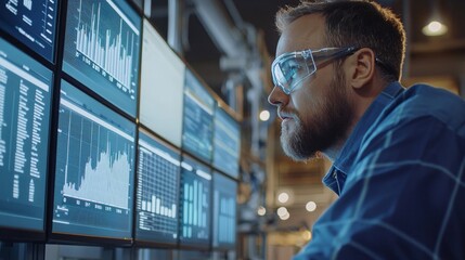 A factory manager reviewing production efficiency metrics on a digital dashboard, with charts and graphs displaying real-time data, highlighting the focus on productivity 