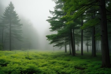 Fototapeta premium Serene Wilderness Scene in Lush Green Forest Mist
