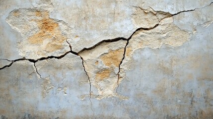 Obraz premium Close-up of a cracked and weathered wall with peeling paint, showcasing texture and age. Ideal for backgrounds or architectural themes.