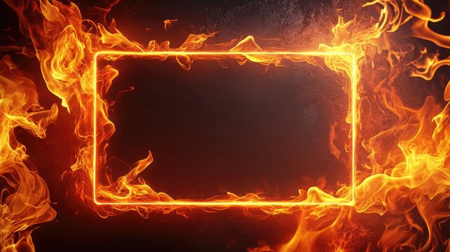 Fiery rectangular frame on a dark background, with bright flames outlining the frame for a dramatic and intense scene.