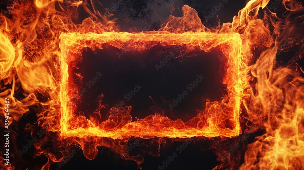 Poster fire-engulfed rectangular frame on a dark backdrop, intense flames creating a striking visual for dr