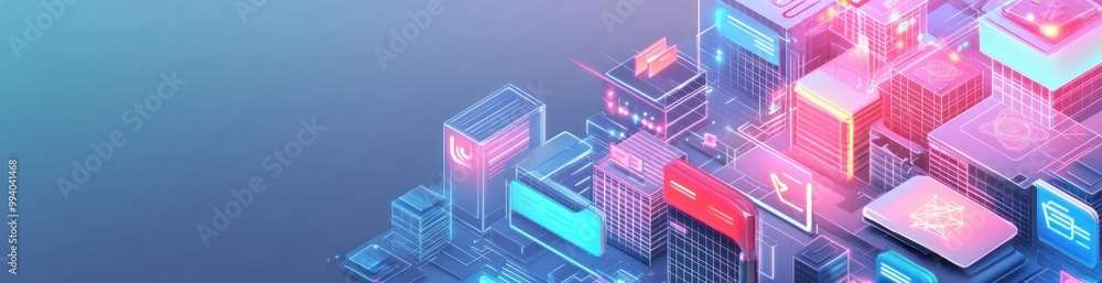 Poster abstract digital cityscape with glowing elements representing technology and innovation.