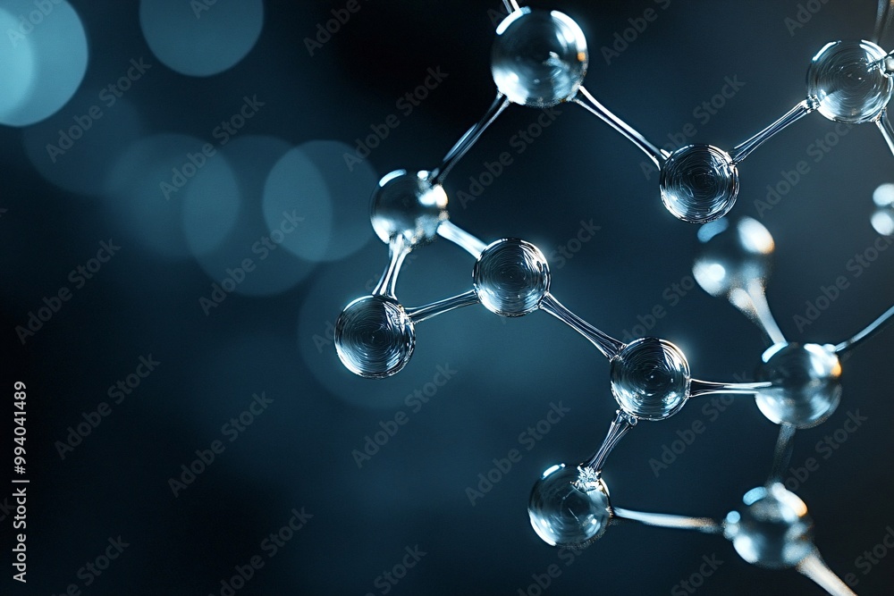 Poster 3d rendering of a glass molecule structure, reflecting light on a dark blue background with bokeh. t