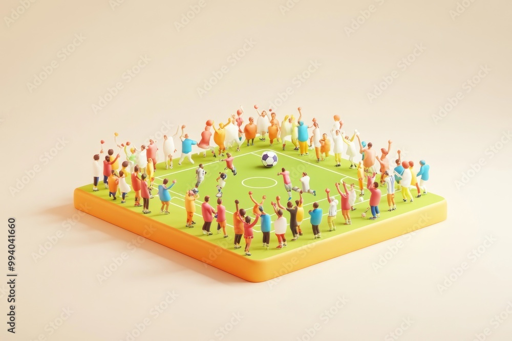 Canvas Prints A colorful scene of diverse people celebrating around a miniature soccer field.