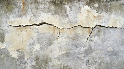 Fototapeta premium Close-up view of a cracked concrete wall, showcasing texture and aging effects ideal for background or architectural themes.