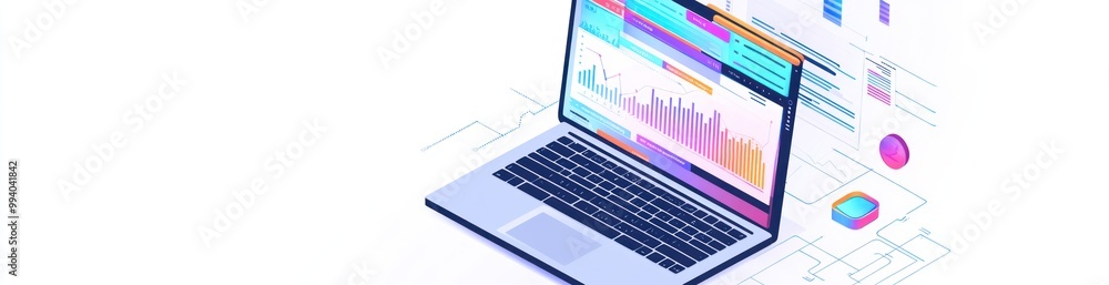 Poster a laptop displaying data visualizations and analytics graphics.