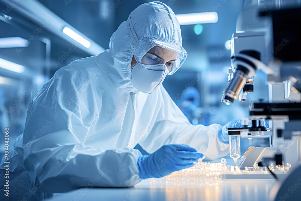 Aufkleber scientist in a protective suit and mask working with a microscope, analyzing samples in a modern lab