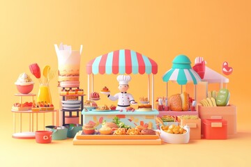 A colorful food market scene with various dishes and a chef under striped tents.