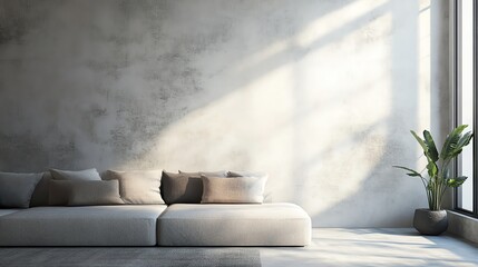 Stylish modern living room with natural light, neutral sofa, and minimalist decor, creating a serene and elegant atmosphere.