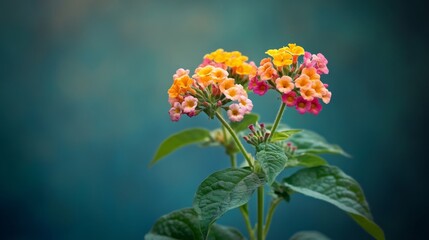 Obraz premium A cluster of vibrant pink, orange, and yellow flowers with green leaves against a teal blue background.