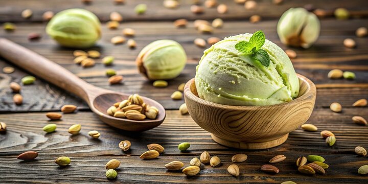 Delicious scoop of creamy pistachio ice cream rests on a natural wood table, surrounded by fresh pistachios and a sprinkle of sea salt, inviting indulgence.