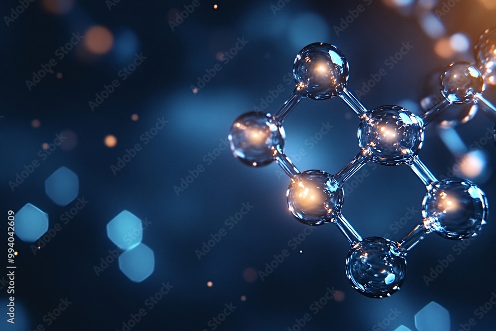 Poster 3d rendering of a glass molecule structure, with luminous spheres representing atoms, floating on a 