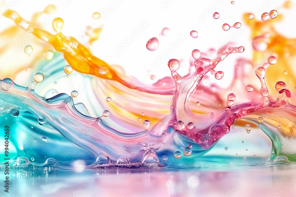 Poster bright and vibrant colors blend as liquid splashes in dynamic patterns, showcasing droplets and wave