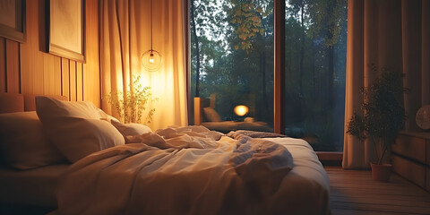 A serene bedroom setup with a cozy bed, warm lighting, and a view of nature, emphasizing the importance of a peaceful environment for sleep optimization, generative ai