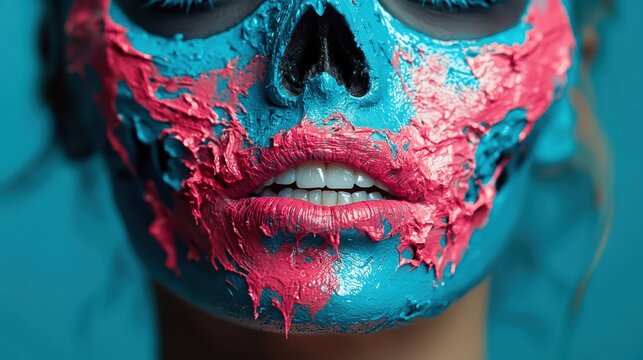 Image primarily consisting of abstract elements in vibrant pink and blue hues set on a teal background. It gives off an enigmatic and colorful vibe inviting curiosity.