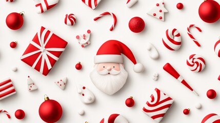 Festive Christmas elements including Santa, gifts, and candies on a white background.