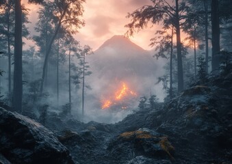 Fototapeta premium A volcano in the forest evokes an awe-inspiring scene where nature's beauty and power intersect.