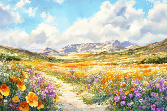 A vast desert landscape adorned with colorful wildflowers under bright blue sky, showcasing vibrant blooms and majestic mountains in background. scene evokes sense of tranquility and natural beauty