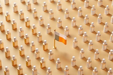 Thousands of small white and orange cylinder perfume bottles arranged in a minimalist isometric grid on a beige background, centered around a national flag in the middle.