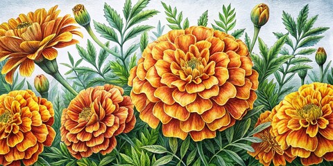 Obraz premium Detailed Marigold Sketch Illustration in Pencil with Intricate Floral Patterns and Textures