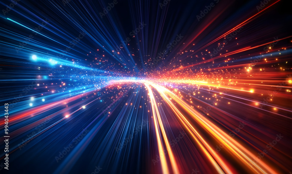 Poster data speed lines on a dark background, representing the concept of optical cables and high internet 
