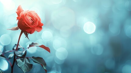 Right side rose flower alone on a mystical blurring backdrop with left side textual space