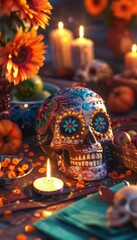 Fototapeta premium Day of the Dead Sugar Skull on Decorated Altar with Candles and Marigold Flowers